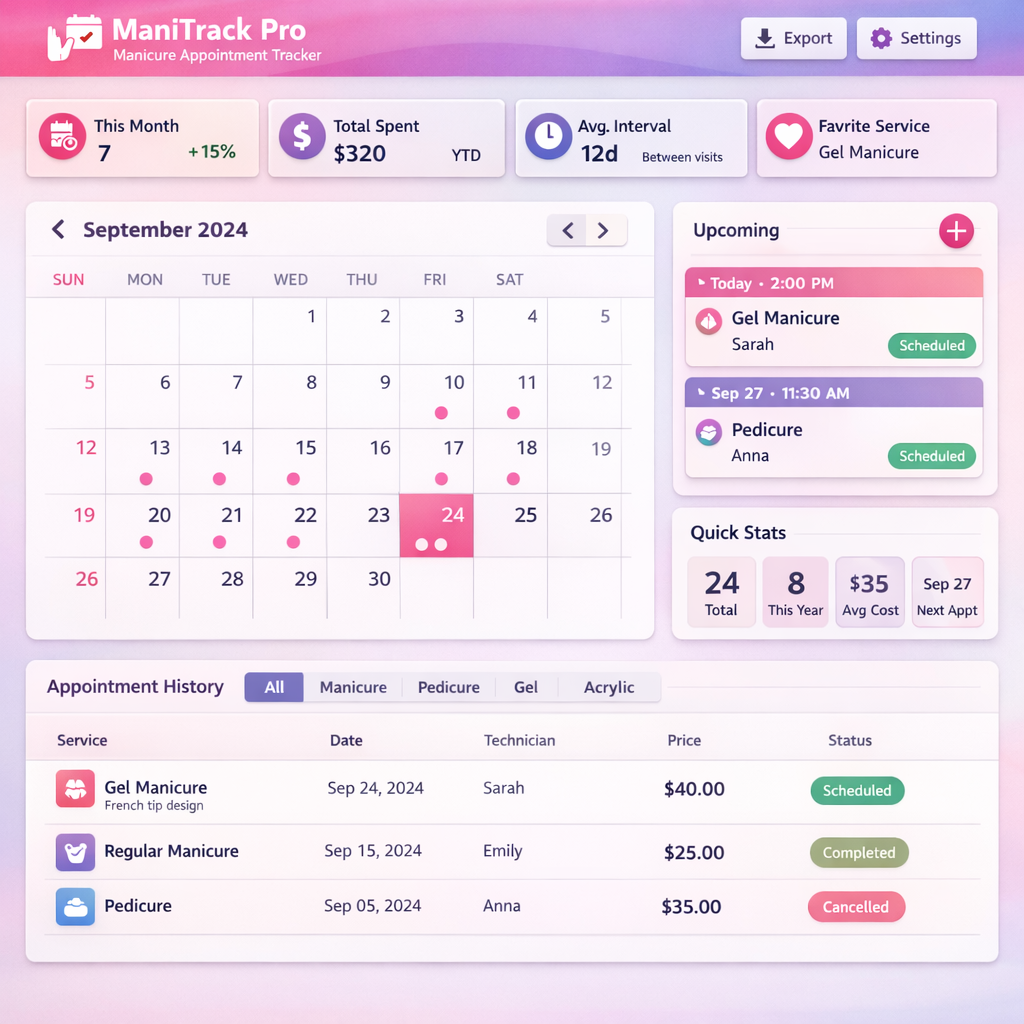 Revolutionize your Appointment Tracking with Manitrack Pro! Enjoy seamless management of your manicure and pedicure schedules and never miss an appointment.